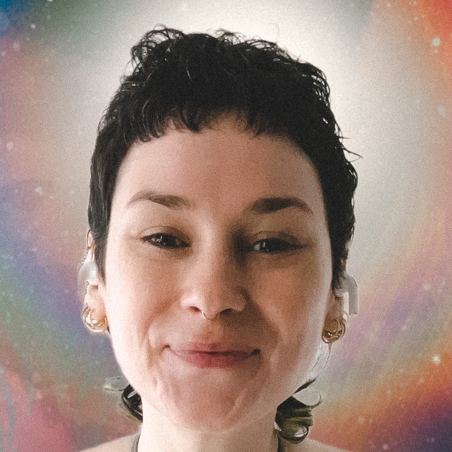 sara's face against a space background with bright lens flare creating a halo around her face